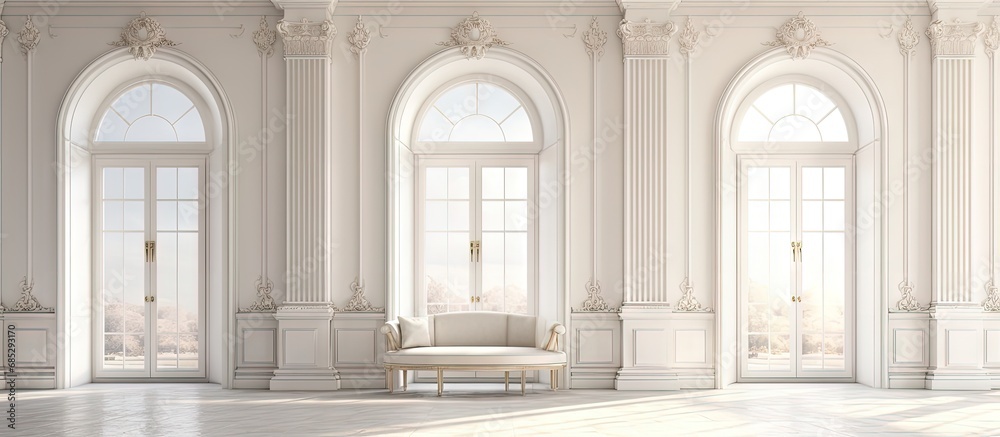 Luxurious light interior design in a mansion with stucco walls high windows and square columns copy space image Luxurious light interior design in a mansion with stucco walls high windows and square columns copy space image