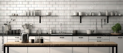 Modern monochrome kitchen with subway tile backsplash copy space image