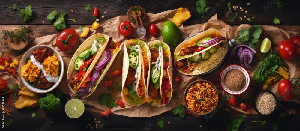 Fototapeta premium Mexican cuisine with a variety of dishes including tacos burritos nachos burgers and more Flat lay closeup copy space image