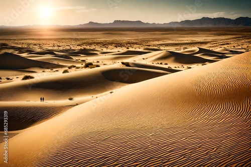 Picture a vast desert landscape, with rolling sand dunes stretching into the horizon under a scorching sun. © COLLECTION OF AI