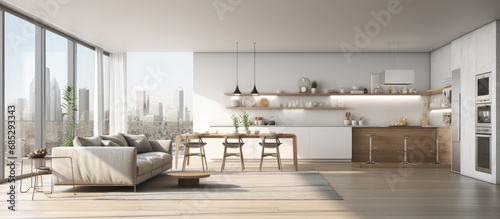 Open living room visible from modern kitchenette in panoramic apartment view copy space image
