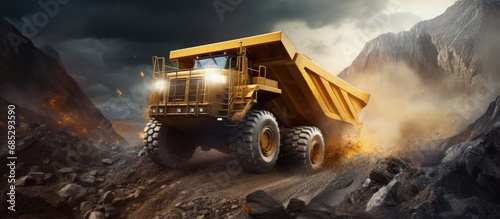 Ore hauling truck moving rocks to crusher in quarry copy space image photo