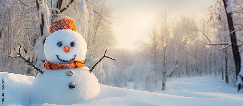 Fototapeta premium Snowy forest snowman with button eyes and carrot nose copy space image