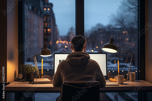 Man is working at computer, laptop, in modern apartment at desk near window with scenic city view. Remote work from home, telecommuting, freelance photo