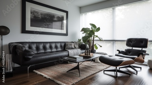 Living room decor, home interior design . Minimalist Mid-Century Modern style with Large Artwork decorated with Concrete and Leather material . Generative AI AIG26.