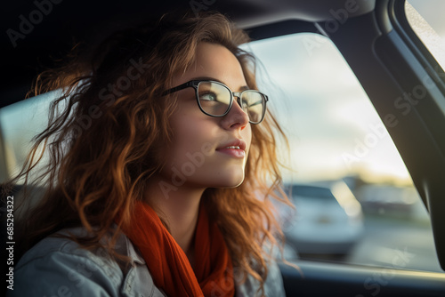 Beautiful young woman in glasses in car