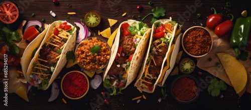 Mexican cuisine with a variety of dishes including tacos burritos nachos burgers and more Flat lay closeup copy space image
