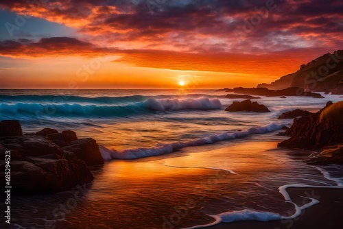 A Photograph capturing the serene beauty of a windswept coastal landscape, with vibrant sunset hues painting the skies and meeting the restless ocean.