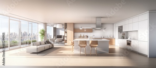 Open living room visible from modern kitchenette in panoramic apartment view copy space image