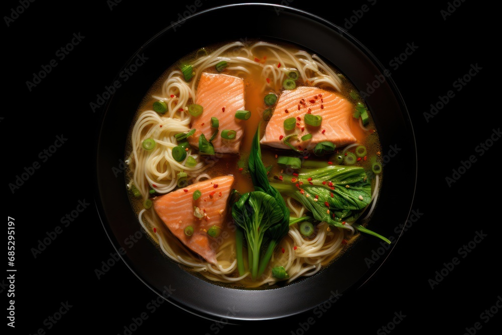 Asian salmon soup on black background. 