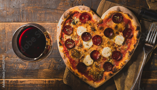 Heart-shaped pizza and wine bottle and glass prepared for Valentine's Day on a wooden table 