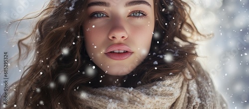 Snow covered young brunette woman with closed eyes wearing a scarf Winter beauty concept copy space image