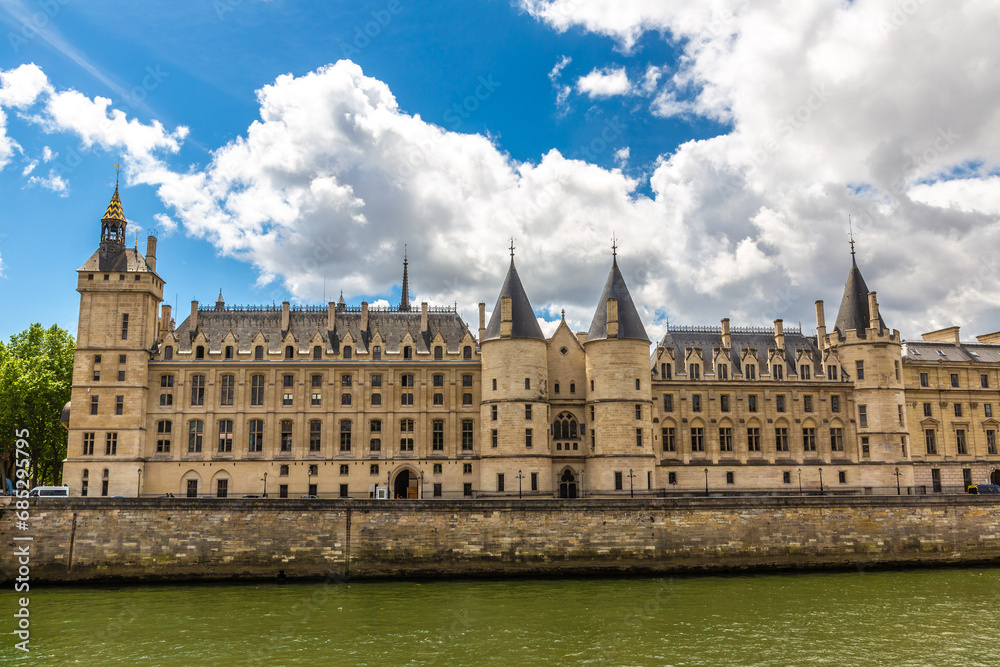 Conciergerie palace and prison and Seine river in Paris, France