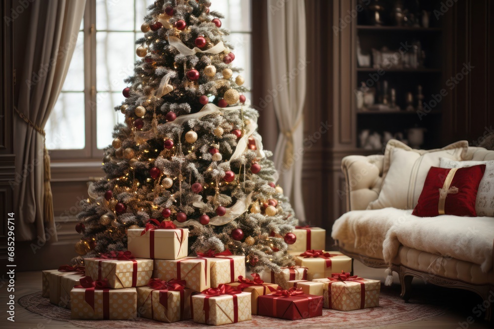 Festive Christmas Tree Shining Bright in a Cozy Living Room Generative AI