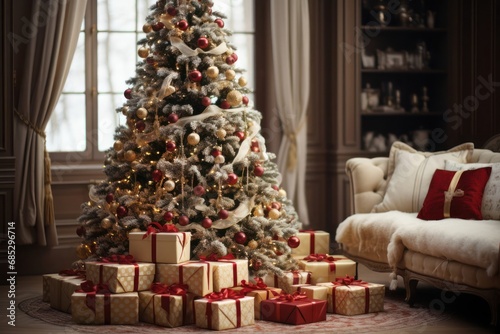 Festive Christmas Tree Shining Bright in a Cozy Living Room Generative AI © Johnathan