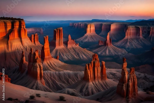 A vast, otherworldly landscape of surreal rock formations and vivid colors at twilight. © COLLECTION OF AI