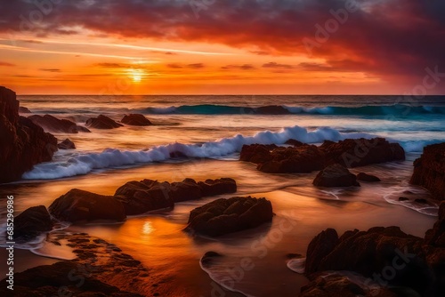 A Photograph capturing the serene beauty of a windswept coastal landscape, with vibrant sunset hues painting the skies and meeting the restless ocean.