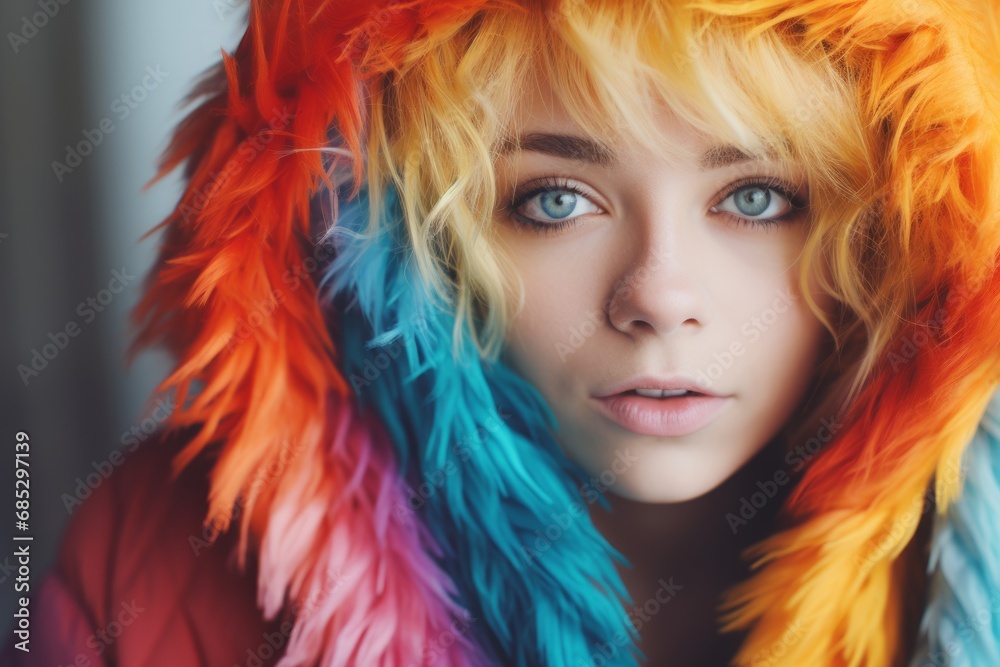 A Woman With Blonde Hair Wearing a Multicoloured Faux Fur Jacket