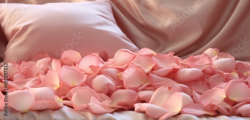 Fresh rose petals gracefully laid out on a lavish bedsheet, captured in a close-up shot.
