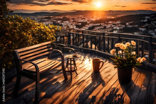 the terrace , with bench and a coffee cup, on the table, beautiful sunset view, © Sikandar Hayat