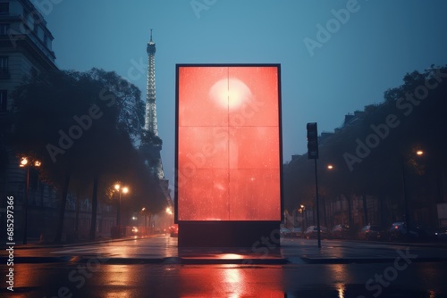 A billboard with a street light on 