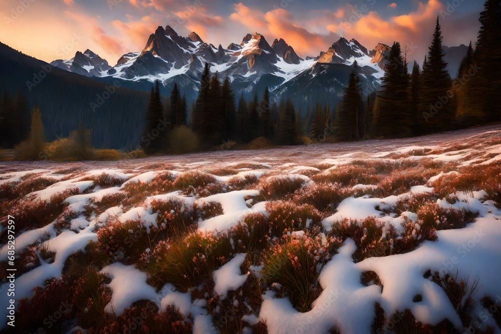 Generate a snow-covered, alpine meadow, with the first light of morning painting the peaks in a warm glow. - obrazy, fototapety, plakaty 