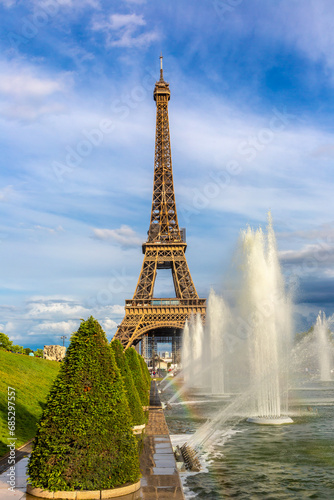 Eiffel Tower and fountains of Trocadero in Paris at sunset, France