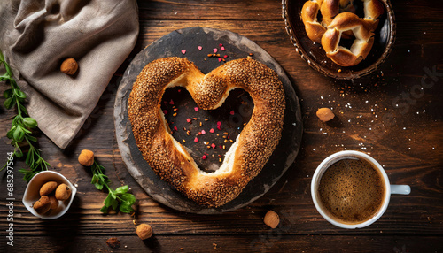 Heart-shaped Turkish bagel and Turkish tea in a glass cup prepared for Valentine's Day photo