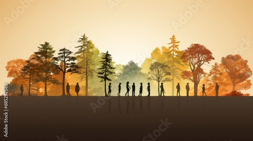 Painting of a series of human silhouettes in a forest