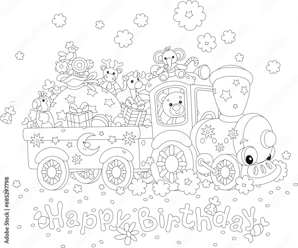 Happy birthday card with a cute baby train carrying funny toys, holiday gifts and sweets for little kids, black and white outline vector cartoon illustration for a coloring book
