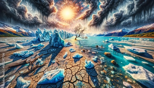 melting glacier, turbulent ocean, climate change theme: barren earth, withered tree, drought impact. Painting: smoggy city, muted palette, pollution focus. Photo: lush vs. deforested landscape photo