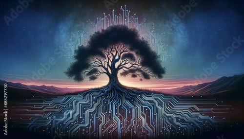 tree silhouette with circuit pattern roots/branches, set against twilight sky. Nature-technology fusion, detailed circuitry, dusk blue to deep purple background. 