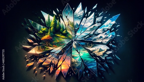 fractured mirror reflects diverse nature - forests, oceans, deserts, mountains. Vivid, chaotic, yet harmonious symbolism