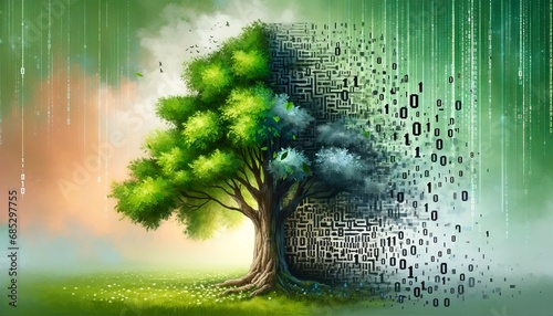 digital painting of a tree, with one half lush and green, the other half pixelated and fading into binary code, symbolizing the digital era's impact on nature. 