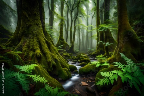 A dense, misty forest with towering, ancient trees. The forest floor is covered in lush, green ferns, and a small stream trickles through the mossy rocks. photo