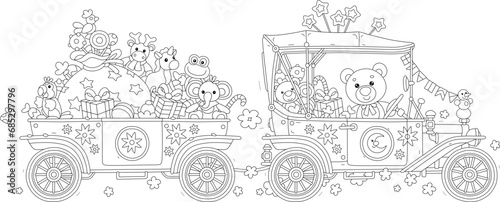 Cute teddy bear in a retro car with a trailer full of holiday gifts, funny toys and sweets for little kids, black and white outline vector cartoon illustration for a coloring book