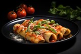 Traditional Italian dish cannelloni on a black background 