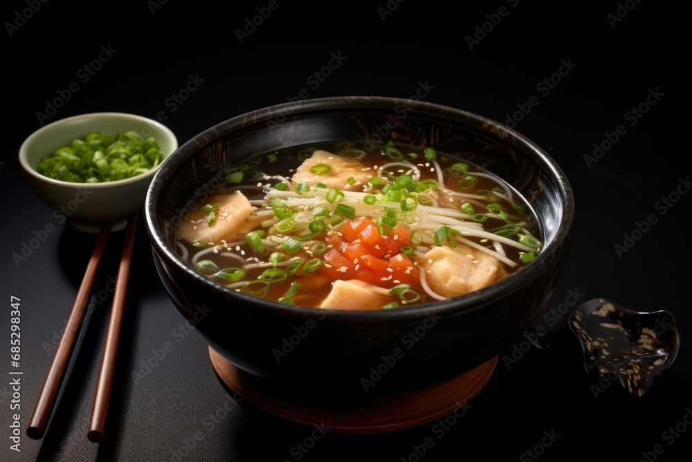 Miso soup. Traditional Asian soup on a black backgroun