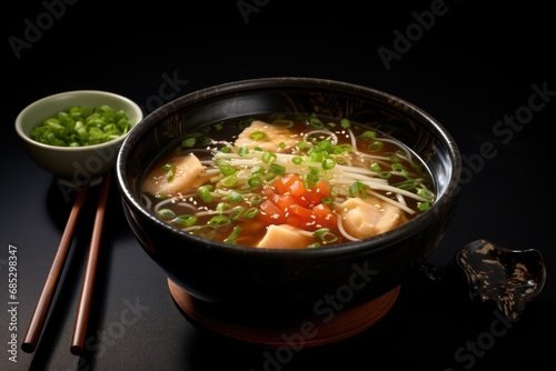 Miso soup. Traditional Asian soup on a black backgroun