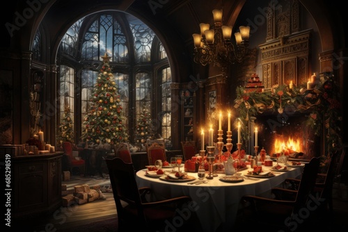 Festive Dining Room with a Christmas Tree Generative AI