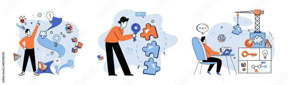 Logical thinking. Vector illustration. It empowers us to navigate through uncertainty and make sound decisions based on reason Questioning is gateway to logical thinking It is act challenging - obrazy, fototapety, plakaty 