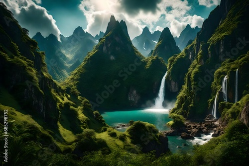 Picture a rugged mountain landscape with jagged peaks and a cascading waterfall surrounded by lush greenery. © COLLECTION OF AI