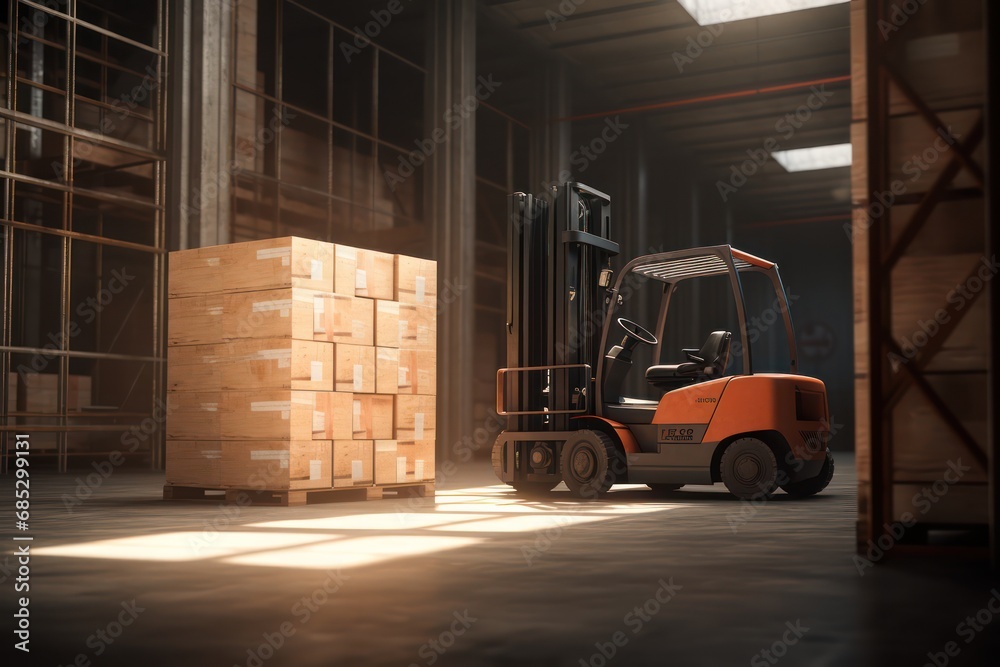 A forklift inside a warehouse with a wooden crate in the background
