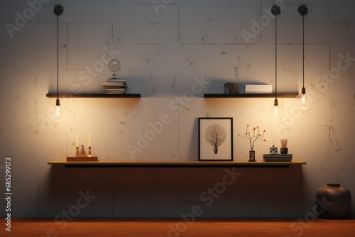 A wall with two lights on it and a shelf with two lamps on it