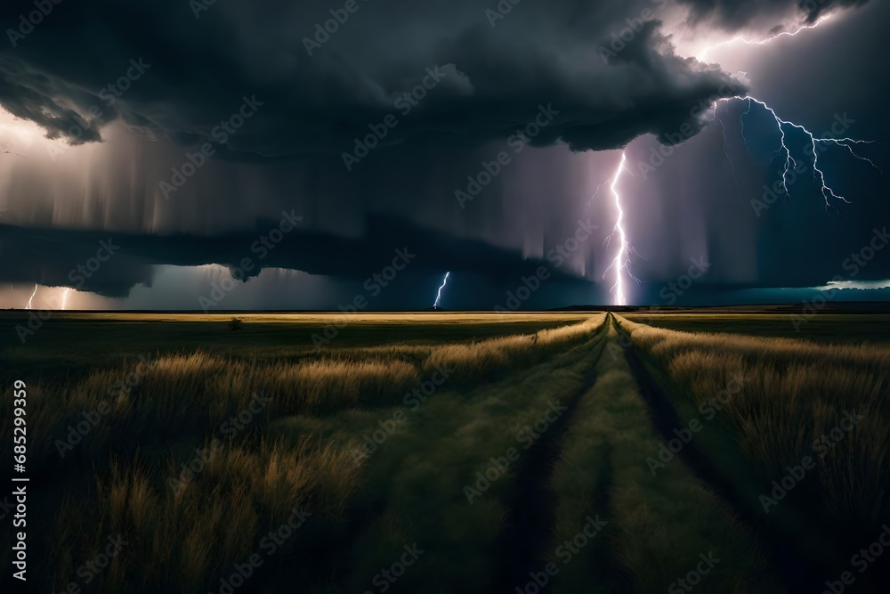 Picture a dramatic, thunderstorm-lit prairie, where lightning illuminates the rolling plains, creating an electrifying display of nature's power.