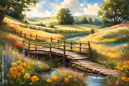 Craft an image of a tranquil, idyllic countryside with rolling hills, a quaint wooden bridge over a small stream, and a vibrant field of wildflowers.