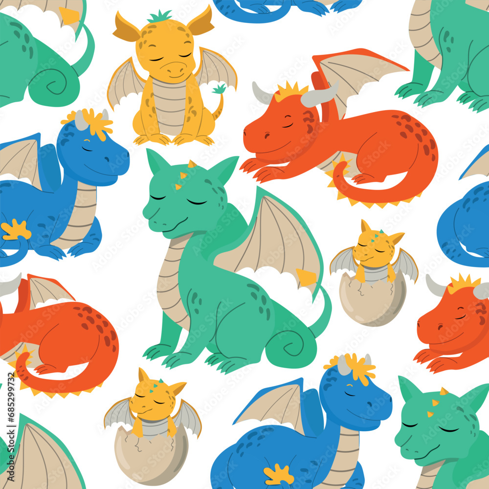 Obraz premium Dragons vector seamless pattern on a white background. Fantasy character baby vector illustration for children's clothing, textiles, wallpaper, wrapping paper