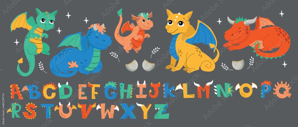 Dragon collection with alphabet horizontal illustration. Various dragons characters. Vector set for printing on baby clothes Dragon collection with alphabet horizontal illustration. Various dragons characters. Vector set for printing on baby clothes