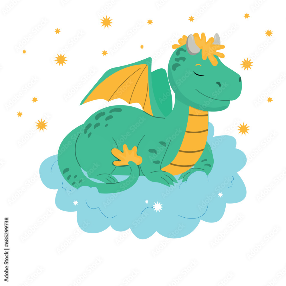 Fototapeta premium Baby dragon sleeping. Adorable animal illustration. Creative childish vector illustration