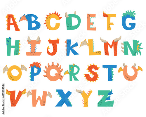 Dragon alphabet on a white background. Bright modern funny illustration for childrenin cartoon style.